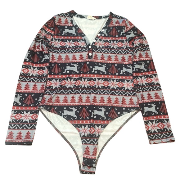 Nanamacs Holiday Bodysuit Size Large Black Red Gray Long Sleeve Henley Stretch - Picture 2 of 11
